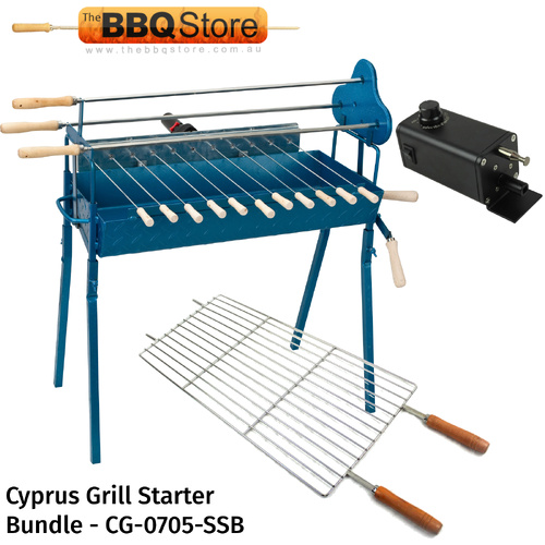 Cyprus Grill Starter Bundle - Deluxe Auto (Blue) Souvla Package Deal with 20kg Variable Speed Motor & Raised Grill - CG-0705B-SSB-BUNDLE