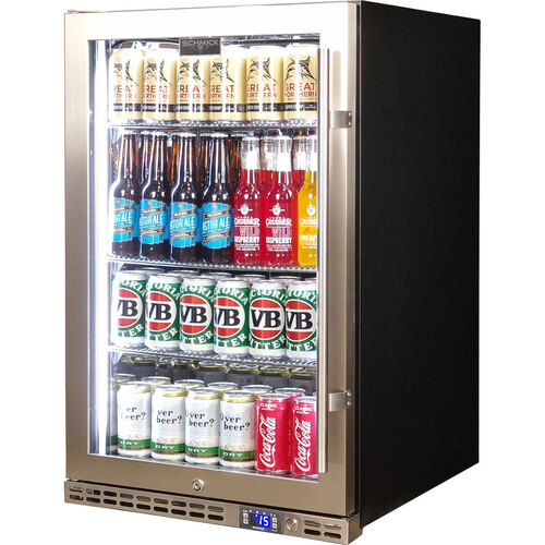 Schmick Stainless Steel Quiet Front Venting Under Bench Heated Glass Door Bar Fridge Model SK146L-HD